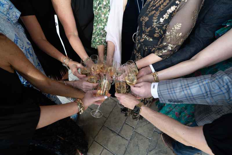 Festival attendees tap their white wine glasses together for a group toast.